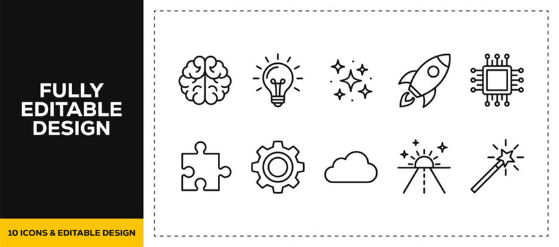 flat vector illustration line art icon bundle set design highlighting innovation human brain creative idea rocket microchip gear and space cosmos for modern web ui app
