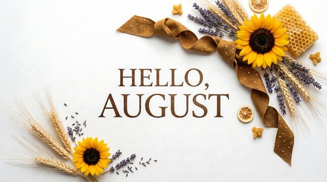 Hello August Greeting Card with Sunflowers and Lavender Flat Lay