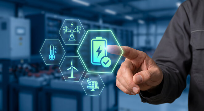 Energy technology abstract hexagon with battery icon over hand touching screen green power industry.