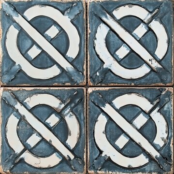 Vintage ceramic tile with geometric pattern blue and white square design