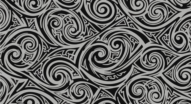 Seamless Maori tribal pattern with grey koru spirals on black background. Intricate Polynesian tattoo inspired vector design featuring traditional New Zealand ethnic art motifs and curves.