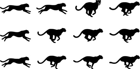 Fototapeta premium Cheetah Running silhouette icon set, flat black glyph style, pure white background
