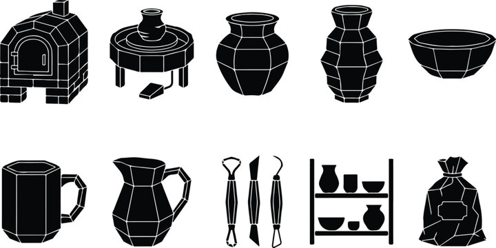 Pottery studio and ceramic craft silhouettes set, artisan workshop icons with kiln, pottery wheel, clay pots, and sculpting tools.