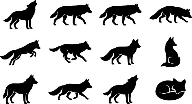 Wolf & Fox silhouette icon set, flat black glyph style, pure white background