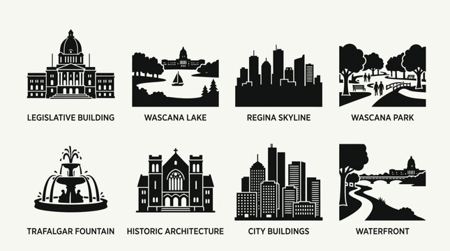 City landmarks vector illustration with legislative building, lake, skyline, park, fountain, historic architecture, modern city buildings, waterfront icons, urban design elements, isolated graphic art