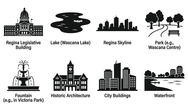 City landmarks vector illustration with legislative building, lake, skyline, park, fountain, historic architecture, modern city buildings, waterfront icons, urban design elements, isolated graphic art