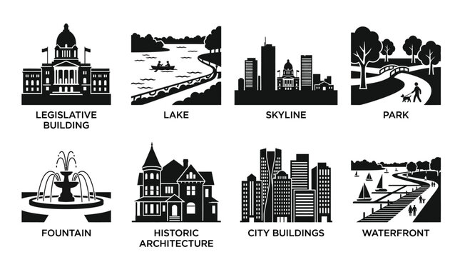 City landmarks vector illustration with legislative building, lake, skyline, park, fountain, historic architecture, modern city buildings, waterfront icons, urban design elements, isolated graphic art