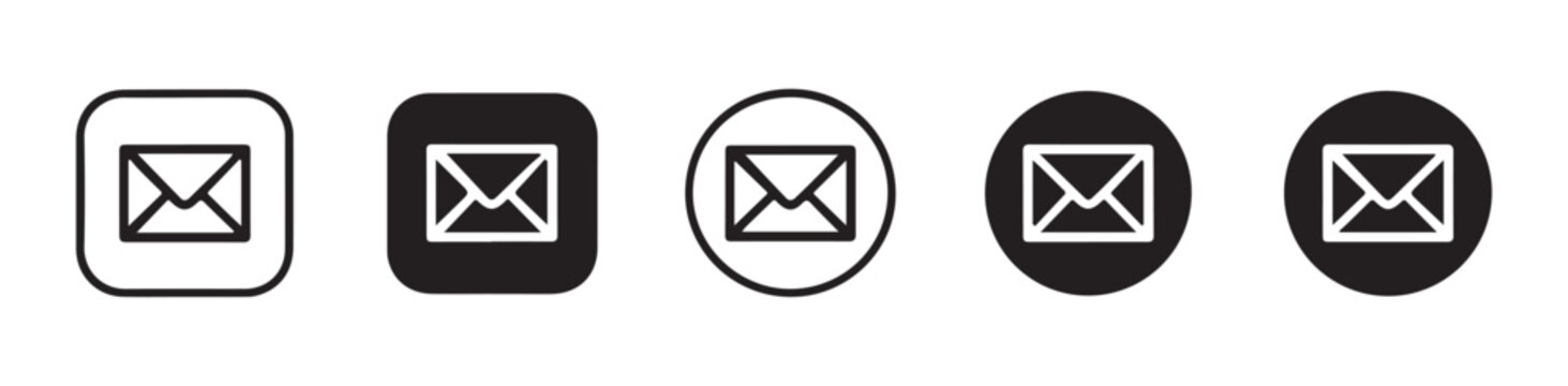 Email envelope icon set inside square and circle frames for social media and website button interface.