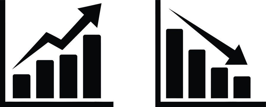 Black bar chart icons showing growth and decline business trends