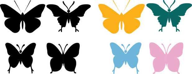 Butterfly insect silhouette icons set. Nature wing moth symbol collection. Black, orange, teal, blue, pink colorful filled flat vector. © Faisal