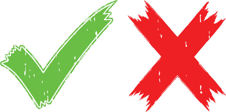 Hand drawn green check mark and red cross sign for checklist or survey choice