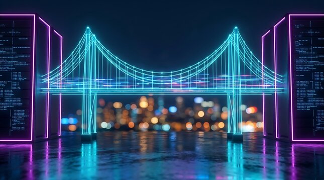 Futuristic neon bridge connecting abstract data servers against blurred city lights on water reflection futuristic technology concept digital network connection.