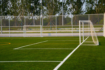 Fototapeta premium Outdoor Artificial Turf Soccer Field with Goals and Fence
