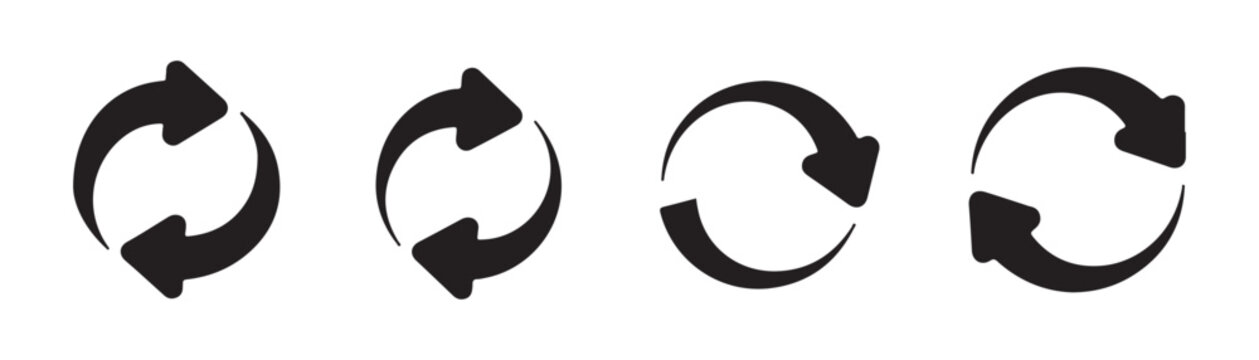 Set of four black circular arrows indicating refresh repeat cycle reload and synchronization isolated on gray background.