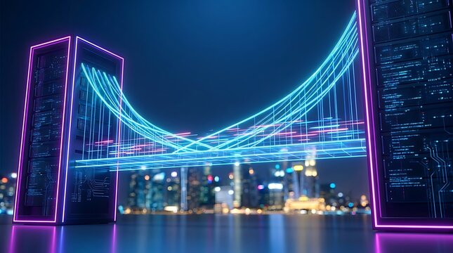 Abstract futuristic neon bridge connecting data servers with blurred city lights and water reflection digital communication technology concept digital stream.