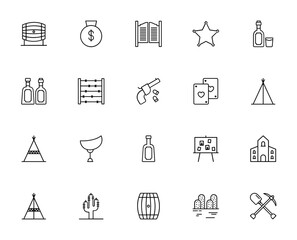 Wild west icon pack. Minimal thin line web icons set. Vector illustration. Cowboy icon set. Featuring barrel, money bag, sheriff, whiskey, revolver, cactus, tipi, saddle, and more. © wang