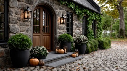 Fototapeta premium European stone cottage entrance features autumn porch with pumpkins, ivy, wooden doors, copper lanterns, and flowers on a foggy morning in the countryside