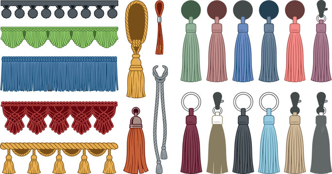 Decorative Tassel and Fringe Border Vector Illustration Set with Macrame Edging Pom Poms Curtain Tiebacks and Keychain Tassels for Home Decor Crafts