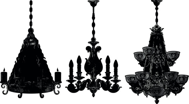 Vintage Chandelier and Classic Hanging Lamp Silhouette Vector Set with Ornate Gothic and Luxury Baroque Style Ceiling Light Fixture Illustrations