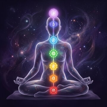 Meditating Human Silhouette with Seven Glowing Chakras Symbols in Cosmic Space Background