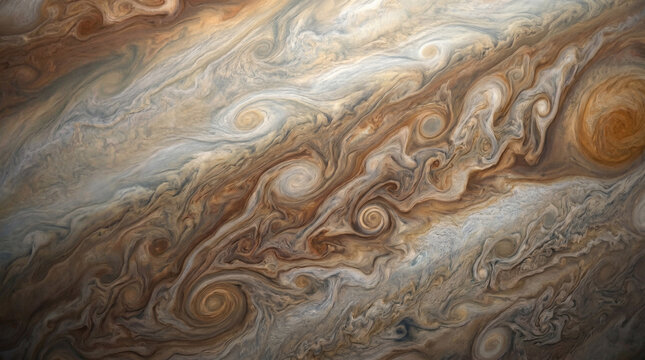 Swirling atmospheric storms across Jupiter cloud bands