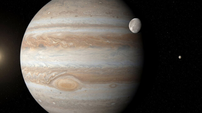 Jupiter with Galilean moons against the darkness of deep space