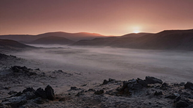 Misty Martian valley at sunrise with rocky volcanic terrain