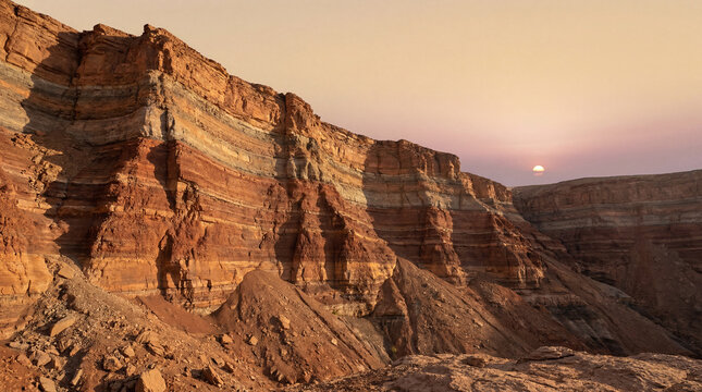 Layered Martian canyon cliffs at sunset with exposed sedimentary rock formations