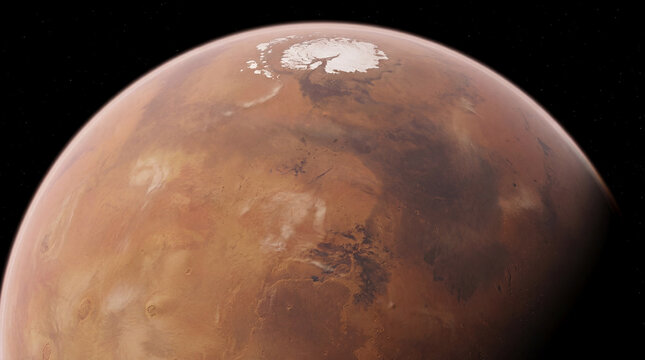 Mars with northern polar ice cap and prominent surface features