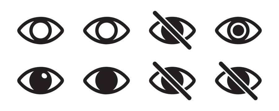 Collection of eye icons transparent background simple outline view icon eye with cross to hide eye symbol illustration.