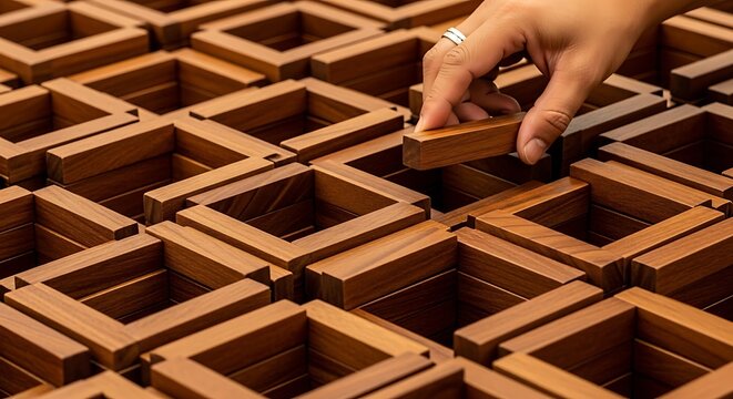 Hand placing brown interlocking blocks into a grid pattern