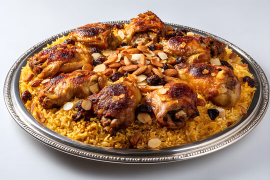 Delicious kabsa served on a decorative plate with chicken, nuts, and spices on pure white background