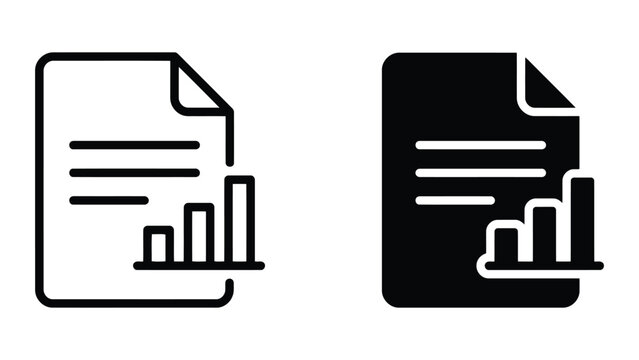 Document file with bar chart data visualization icon in outline and solid black vector styles for business reporting and financial analysis software user interface and web design elements