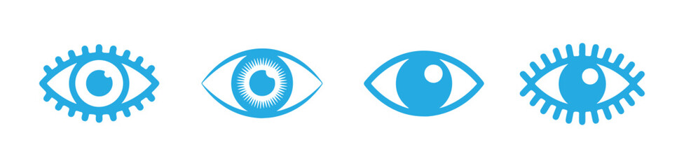 Obraz premium Set of blue eye icons for graphic design projects featuring simple linear shapes on transparent background.