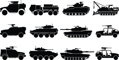 Set of military vehicle silhouettes including armored tanks, transport trucks, and combat tactical patrol cars © MdMohsin