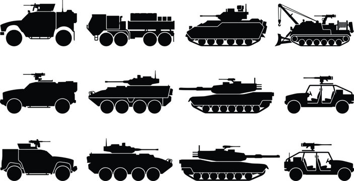 Set of military vehicle silhouettes including armored tanks, transport trucks, and combat tactical patrol cars