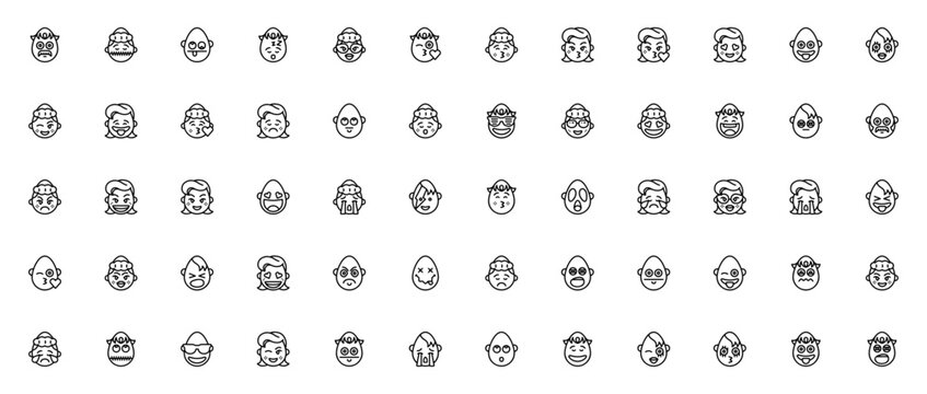 Emojis icon set. Vector emoticon icons pack. Minimal flat line art. Includes symbols for moustache, silent, crazy, sleeping, cool, kiss, in love, tongue, gothic, wink, sad, grief, yawn, angry, happy, 