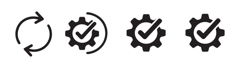 Professional set of gear and tick mark icons representing system settings and verification processes. © Habib Stocker