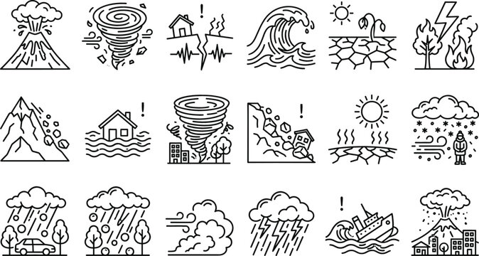 Natural disasters line art vector icon set featuring earthquake volcano flood tornado wildfire tsunami landslide and extreme weather