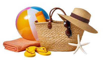 Woven beach bag with straw hat sunglasses sunscreen flip-flops towel beach ball, and starfish © Johanna
