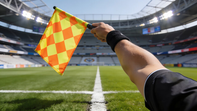 Soccer Assistant Referee Holding Raised Offside Flag in Stadium