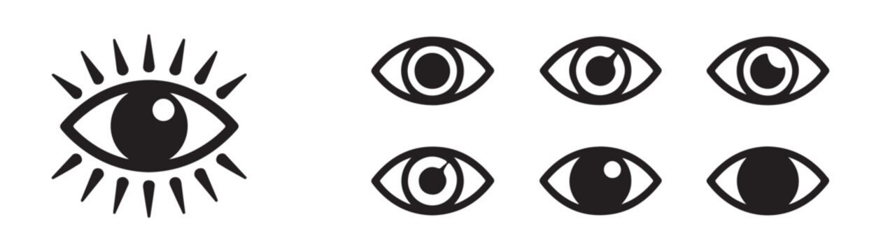 Vision and perception icons featuring sunburst lashes and diverse pupil reflections in black silhouette.