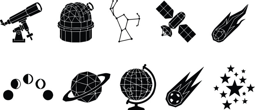 Astronomy and space exploration silhouettes set, cosmic science icons with telescope, observatory, planet, satellite, comet, and constellation.