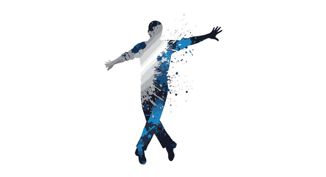 Silhouette of a male tap dancer performing mid-stride jump with blue and silver paint splatters, ink drips, and artistic splashes isolated on a white background for dance art.
