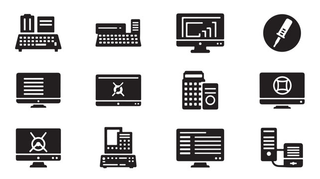 Retro computer technology icons set, vintage hardware and software interface symbols, 12 black solid vector glyphs for tech development