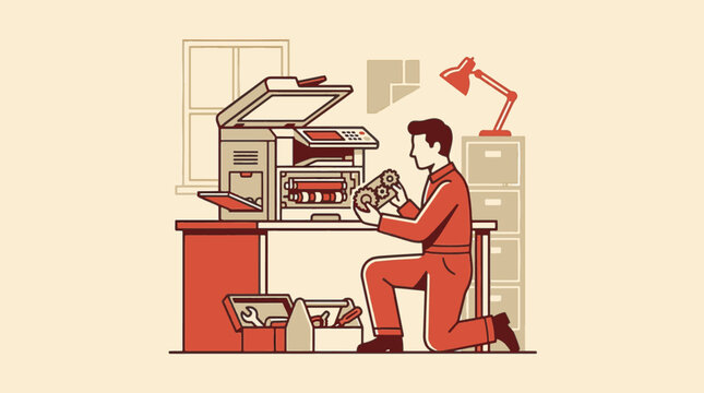 Flat vector illustration of a technician in a red jumpsuit kneeling to repair a large office photocopier and printer machine. The scene includes a toolbox, office lamp, and filing cabinet.