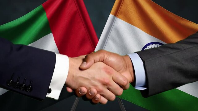 Professional Business Handshake Between Indian and UAE Representatives with National Flags Representing Diplomatic Cooperation