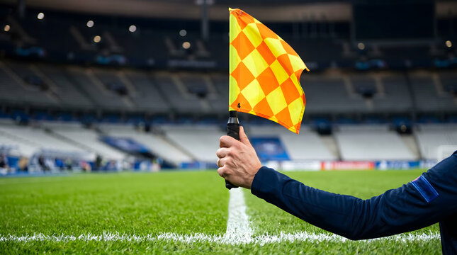 Close Up of Assistant Referee Signaling Offside on Football Sideline