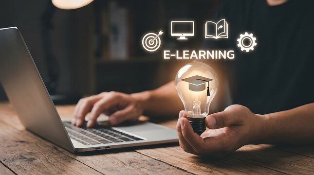 Young Adult Holding Light Bulb with Graduation Cap and Using Laptop for E-Learning on Wooden Desk in Dark Room with Modern Technology Icons