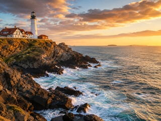Fototapeta premium Coastal Lighthouse on Rocky Cliffs at Golden Hour